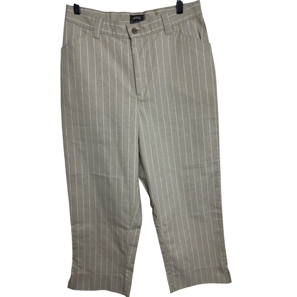 Riders by Lee Capri Pants Women 10 Tan Pinstripe Casual Summer Saddle Stitch E22
